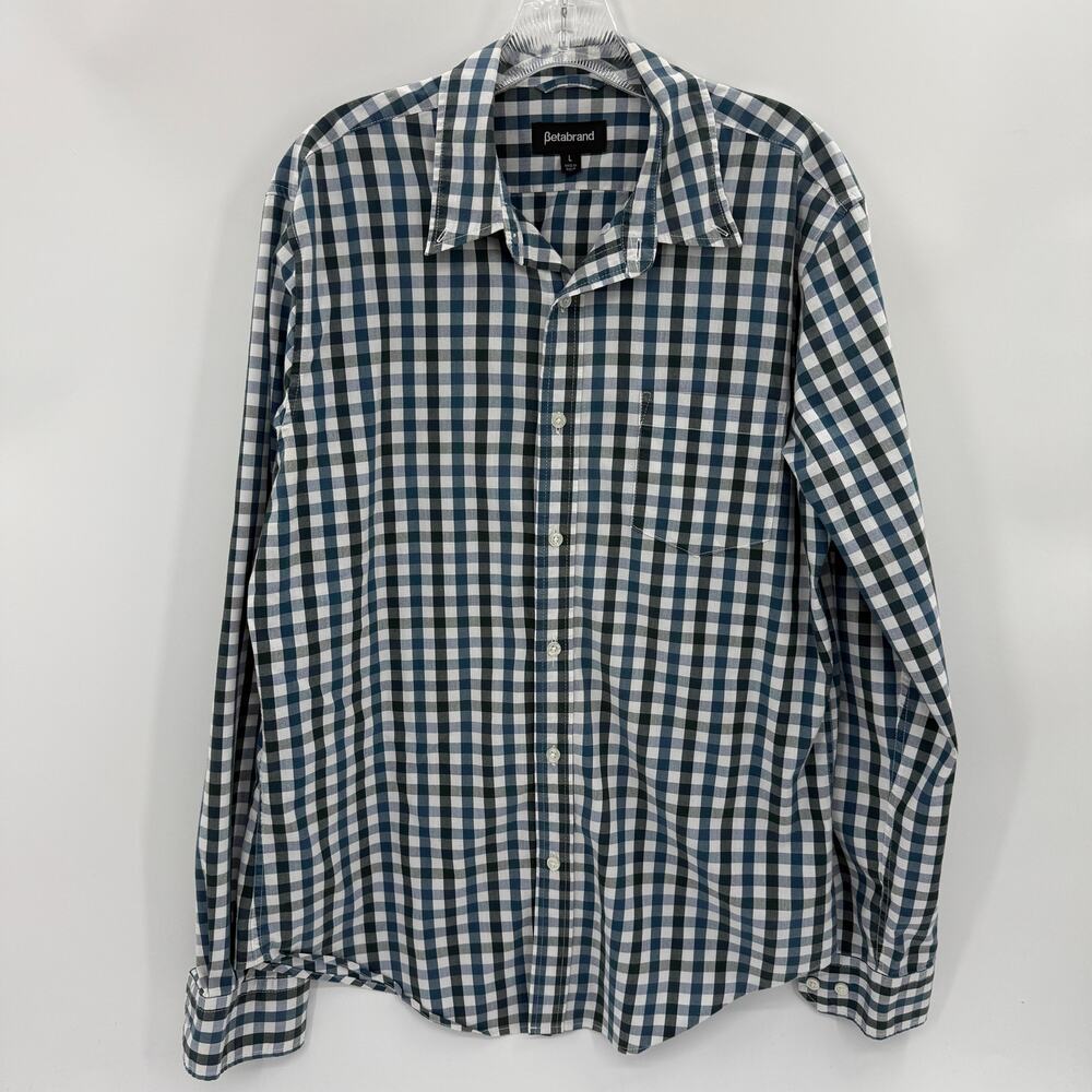 BETABRAND Mens Long Sleeve Button Up Shirt Mens L Plaid Cotton Blend Collared